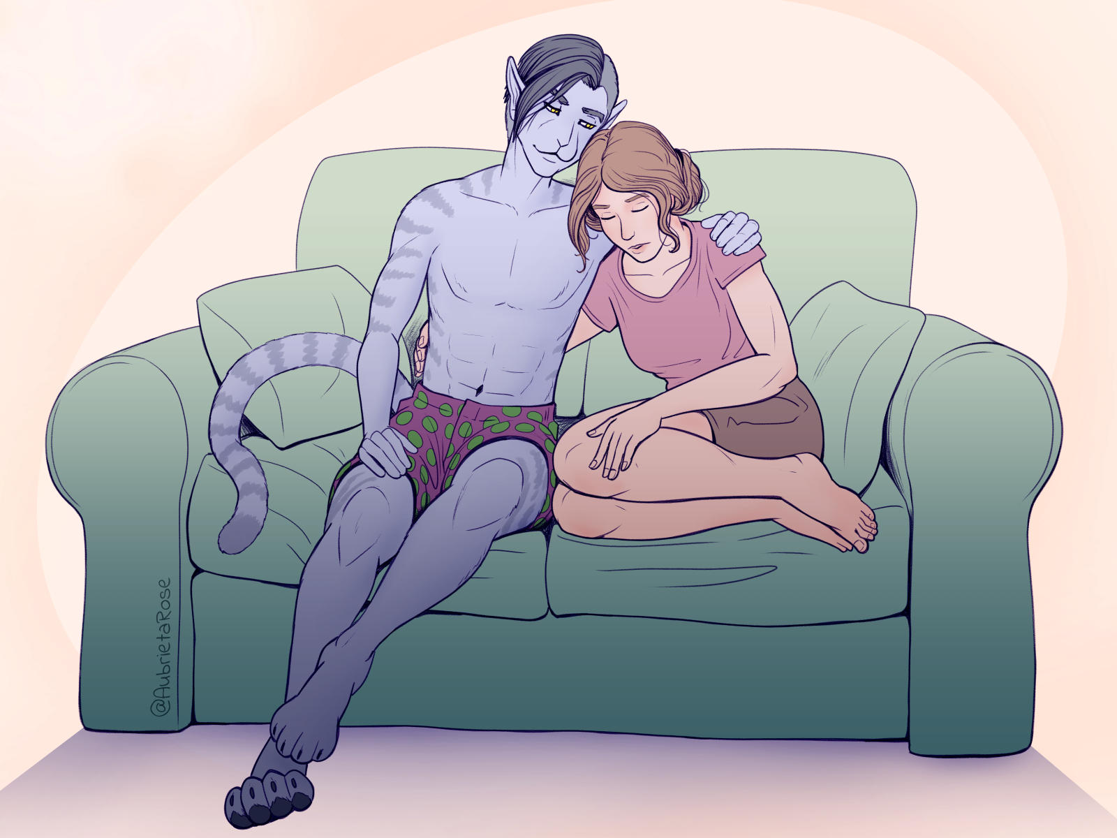 Illustration of Aubie (as a human woman, before she transformed into her moth self) and Sid (a male anthro cat with grey striped fur) cuddling together on a couch.