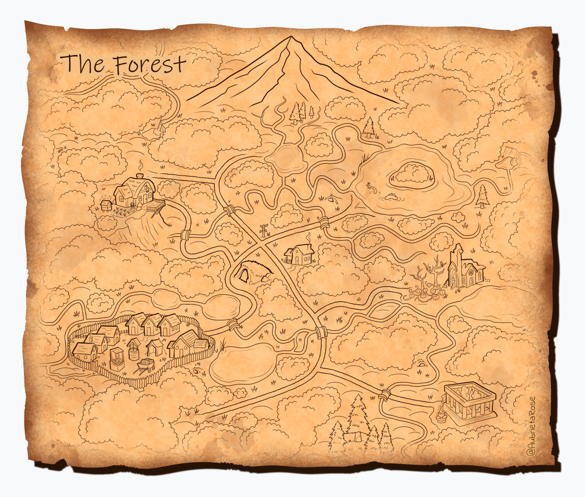 An old paper map with "The Forest" written in the corner. Various locales of the Forest of Illway are depicted.