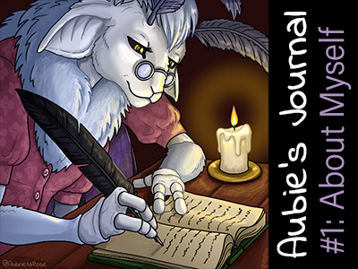 Aubie, a grey-furred anthro moth-like character, writing in a journal by candlelight. Text: Aubie's Journal #1: About Myself