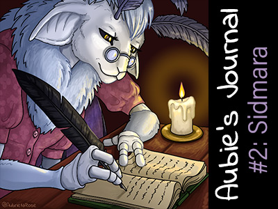 Aubie, a grey-furred anthro moth-like character, writing in a journal by candlelight. Text: Aubie's Journal #2: Sidmara