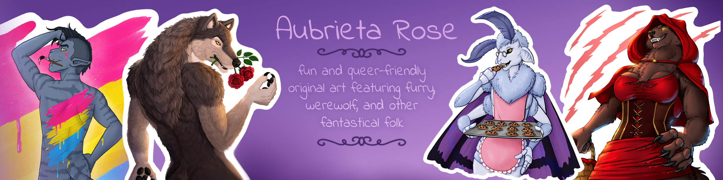 Shop header with images of Sid, Nash, Aubie, and Cyri, and the text "Aubrieta Rose - fun and queer-friendly original art featuring furry, werewolf, and other fantastical folk"